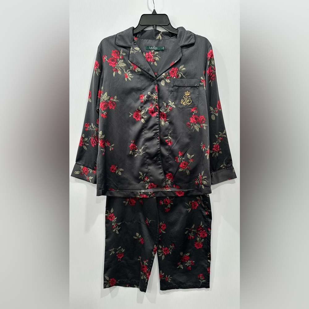 Ralph Lauren Gray Pajama Set with Red Floral Design